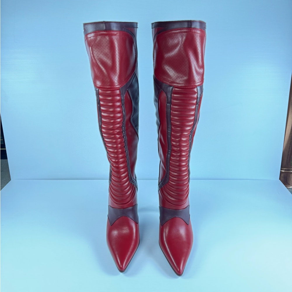 AKIRA Rodrigo Red Over The Knee Stiletto Boots Pointed Toe Moto Panel multi size - Picture 4 of 8